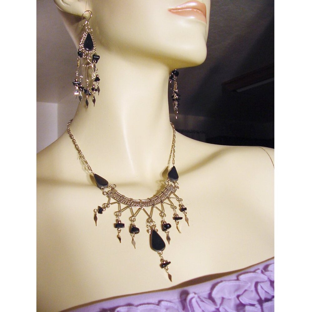 New Vintage Jewelry SET Necklace/Earrings/Bracelet Silver Black Stone Whimsigoth - Picture 5 of 8